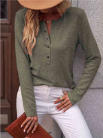 Round Neck Buttoned Long Sleeve T-Shirt - Ladyez