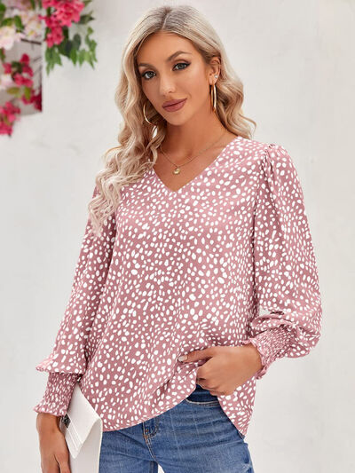 Printed V-Neck Lantern Sleeve Blouse - Ladyez