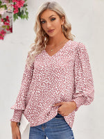 Printed V-Neck Lantern Sleeve Blouse - Ladyez