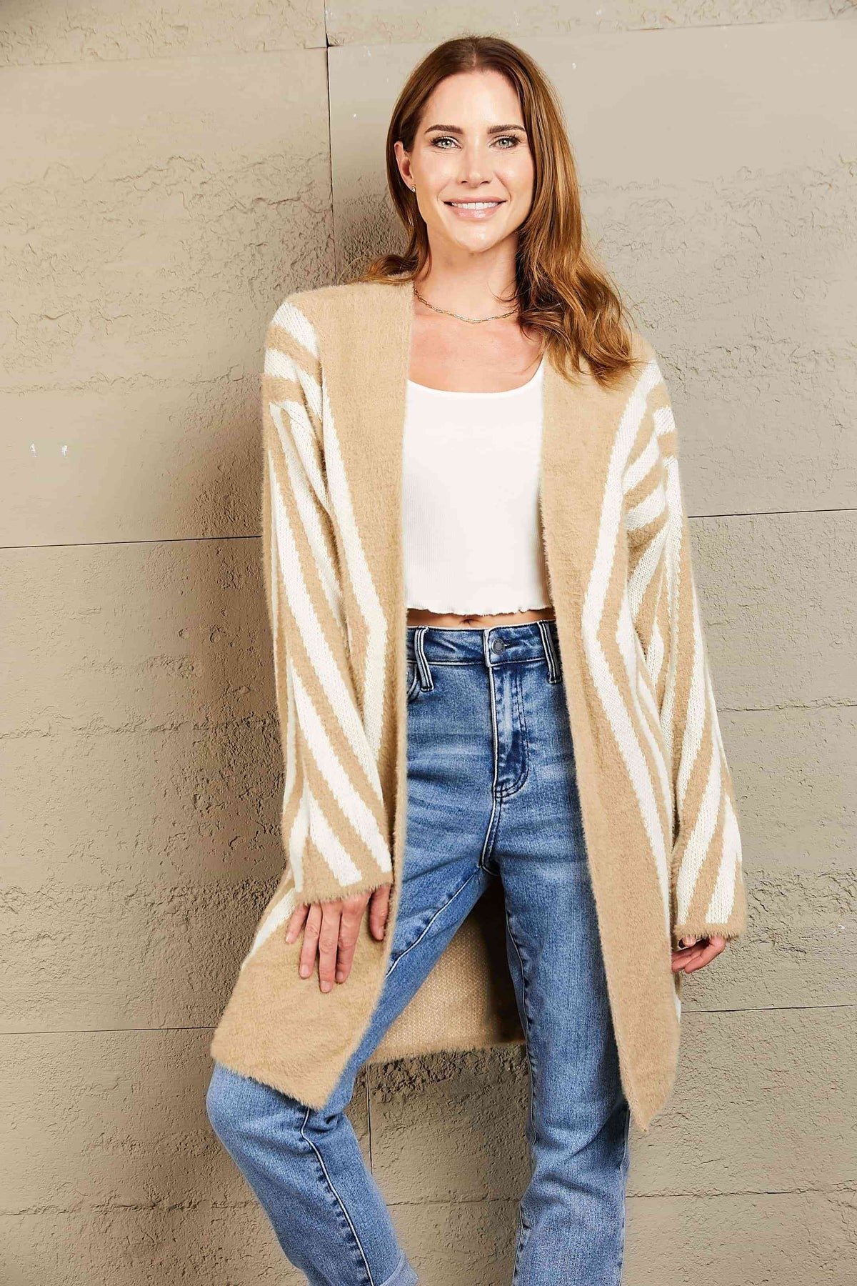 Woven Right Two-Tone Open Front Fuzzy Longline Cardigan - Ladyez