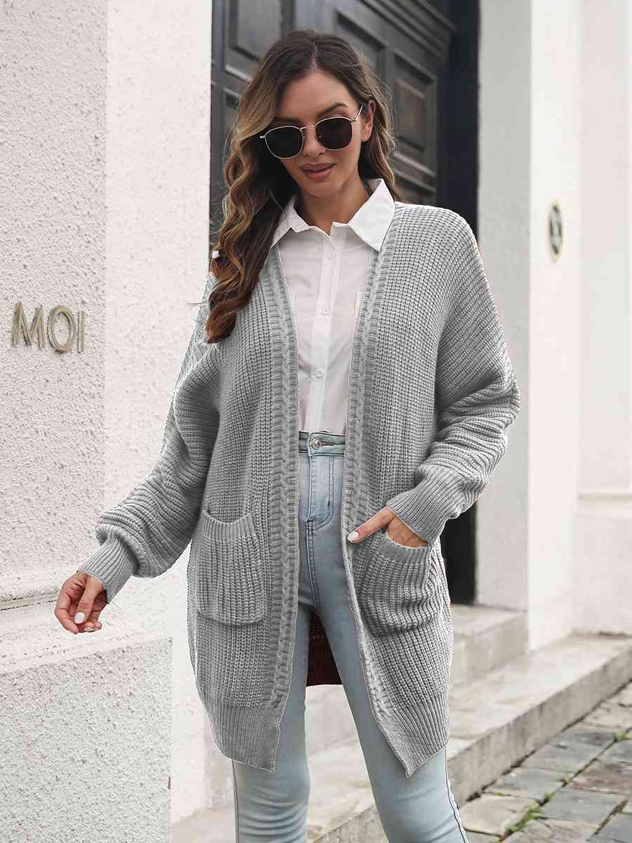 Open Front Rib-Knit Cardigan with Pockets - Ladyez