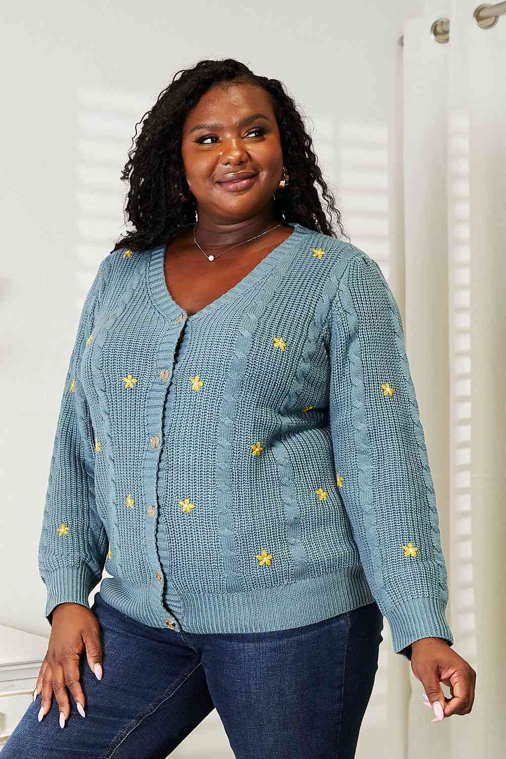 HEYSON Full Size Floral Embroidered Cable Cardigan - Ladyez