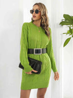 Cable-Knit Round Neck Sweater Dress - Ladyez