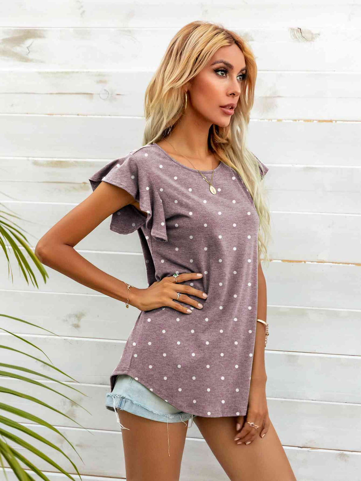 Round Neck Butterfly Sleeve Top - Ladyez