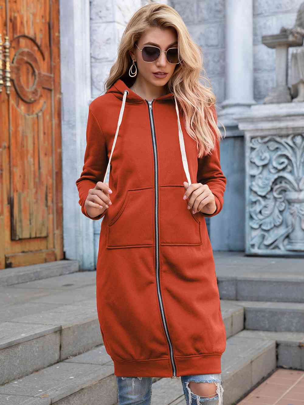 Zip-Up Longline Hoodie with Pockets - Ladyez
