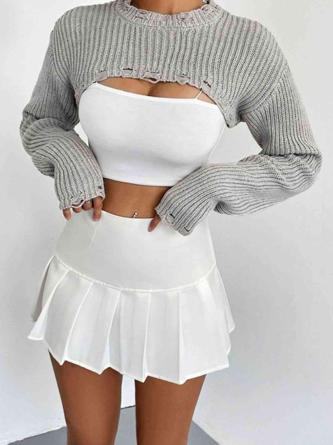 Distressed Long Sleeve Cropped Sweater - Ladyez