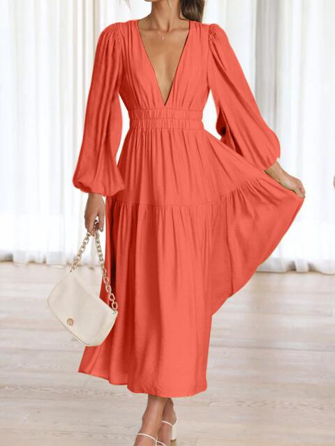 Deep V-Neck Balloon Sleeve Plain Maxi Dress - Ladyez