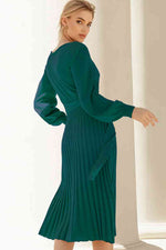Round Neck Long Sleeve Pleated Sweater Dress - Ladyez