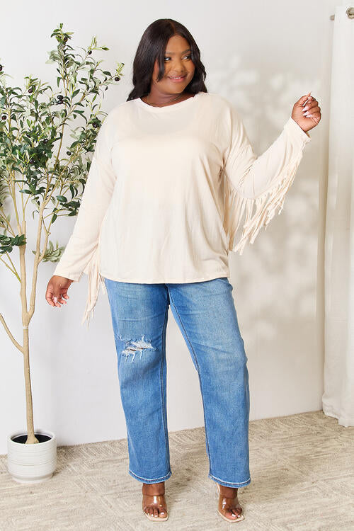 Celeste Full Size Fringe Detail Long Sleeve Blouse - Ladyez