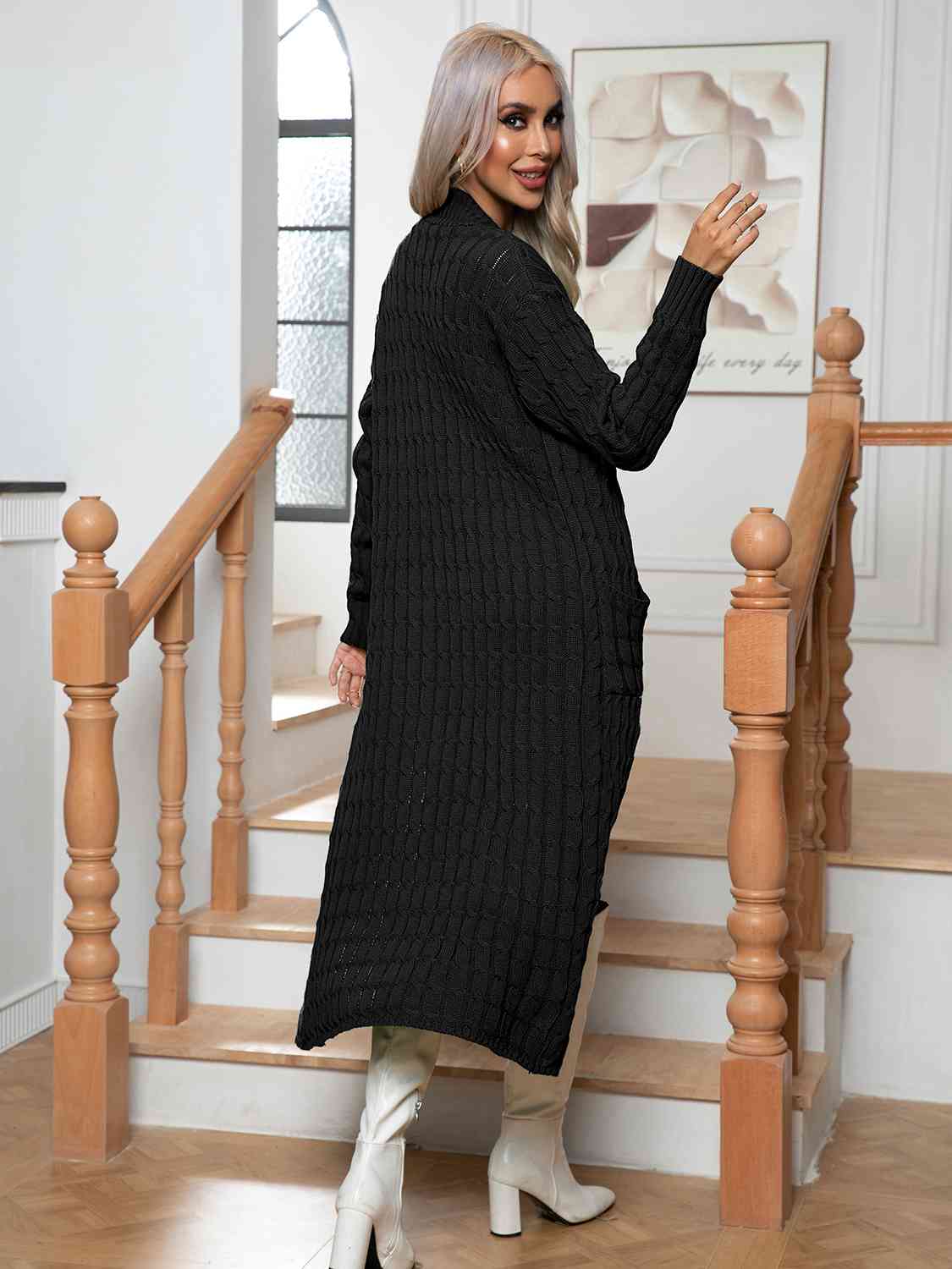 Cable-Knit Open Front Cardigan with Pockets - Ladyez