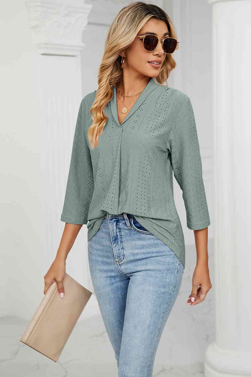 Eyelet Three-Quarter Sleeve Blouse - Ladyez