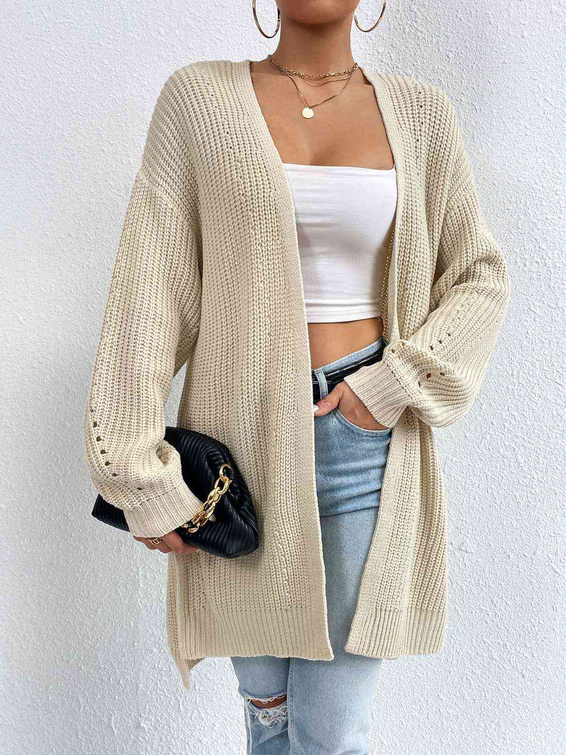 Open Front Dropped Shoulder Slit Cardigan - Ladyez