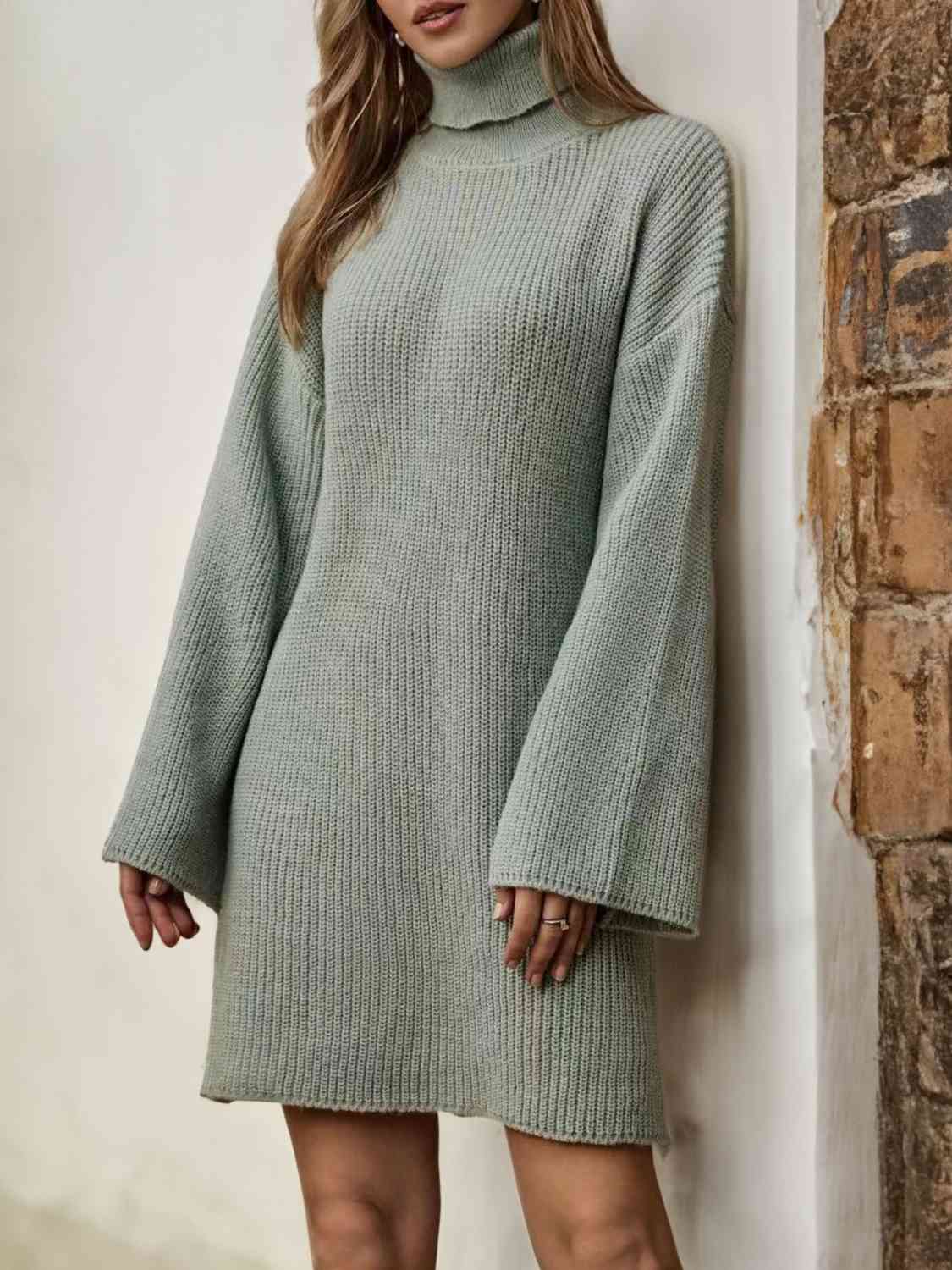 Turtleneck Dropped Shoulder Sweater Dress - Ladyez