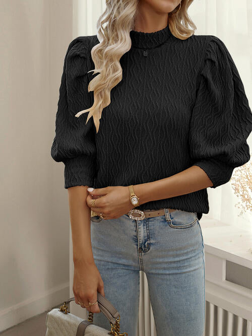 Texture Ruff Sleeve Mock Neck Blouse - Ladyez
