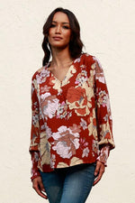 Floral V-Neck Smocked Lantern Sleeve Blouse - Ladyez