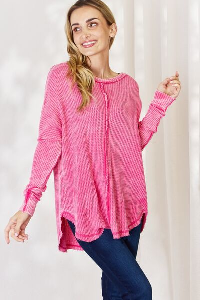 Zenana Oversized Washed Waffle Long Sleeve Top - Ladyez