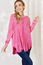 Zenana Oversized Washed Waffle Long Sleeve Top - Ladyez