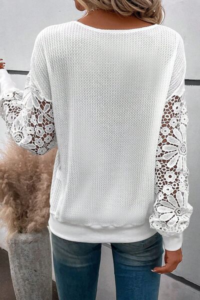 Plus Size Waffle-Knit Crochet V-Neck Blouse - Ladyez