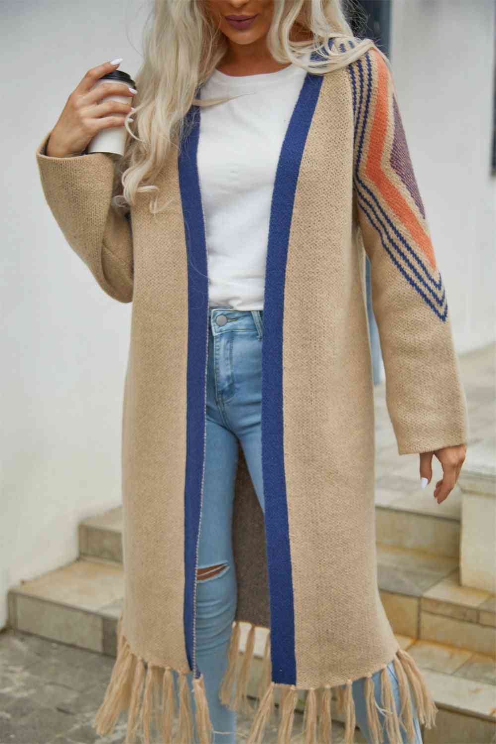 Double Take Geometric Fringe Hem Open Front Duster Cardigan - Ladyez