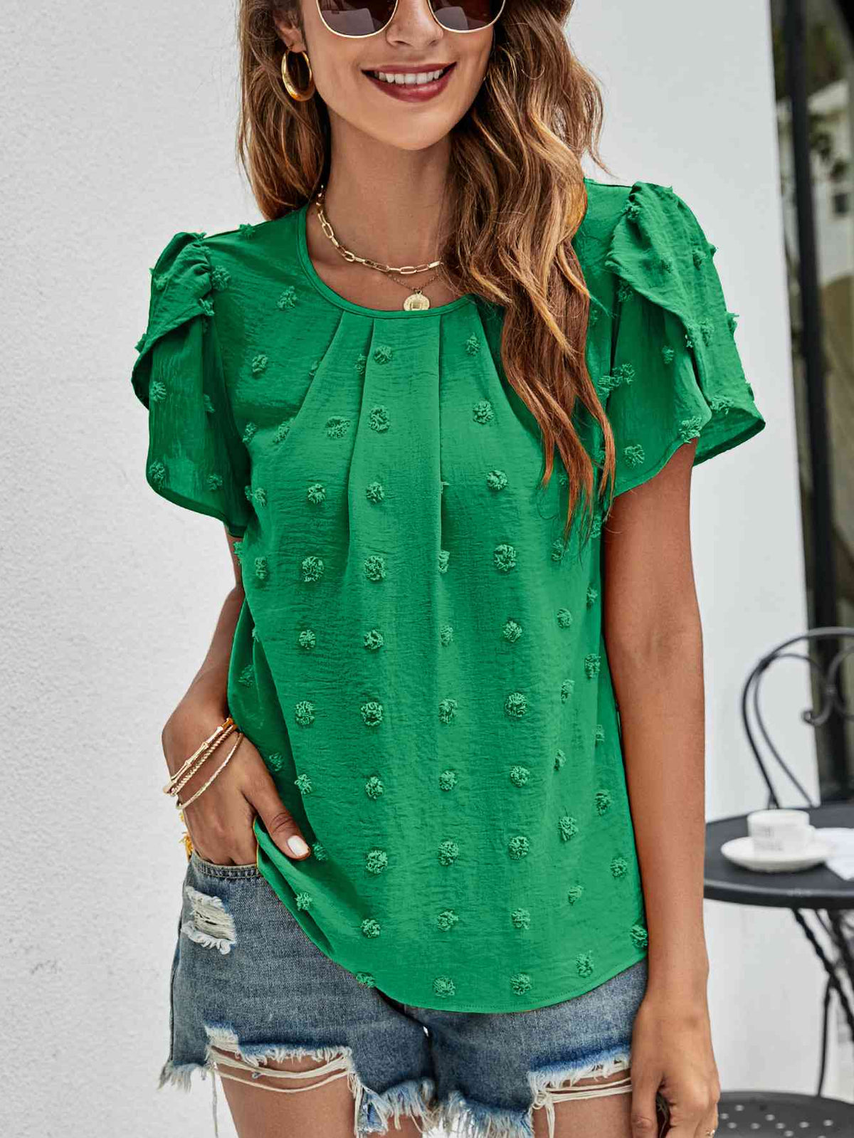 Swiss Dot Round Neck Petal Sleeve Top - Ladyez