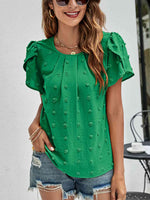 Swiss Dot Round Neck Petal Sleeve Top - Ladyez