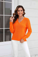 Ribbed V-Neck Dropped Shoulder Knit Top - Ladyez