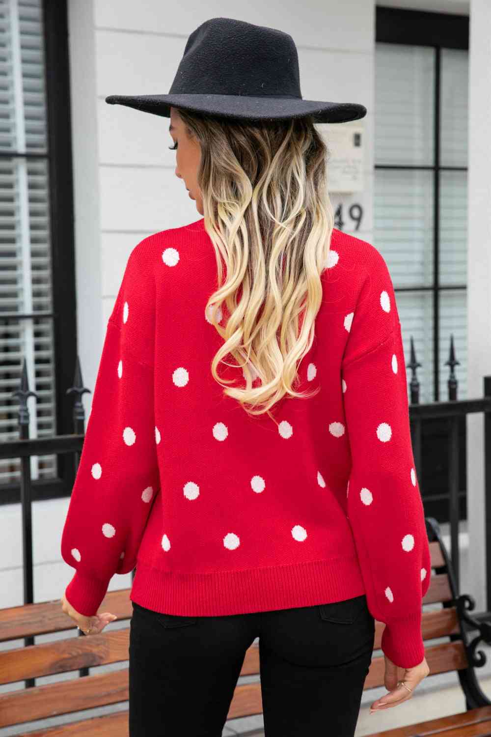 Woven Right Polka Dot Round Neck Dropped Shoulder Sweater - Ladyez