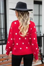 Woven Right Polka Dot Round Neck Dropped Shoulder Sweater - Ladyez