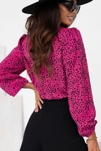 Leopard Round Neck Balloon Sleeve Blouse - Ladyez