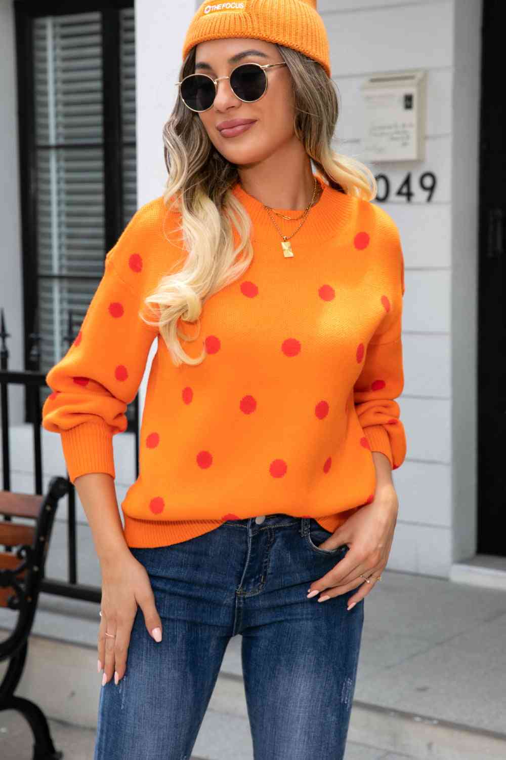 Woven Right Polka Dot Round Neck Dropped Shoulder Sweater - Ladyez