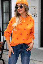 Woven Right Polka Dot Round Neck Dropped Shoulder Sweater - Ladyez