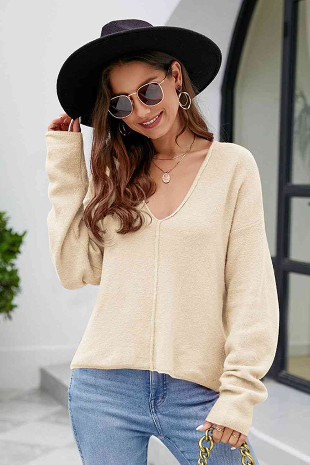 V-Neck Center Seam Sweater - Ladyez