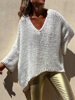Contrast V-Neck Long Sleeve Sweater - Ladyez