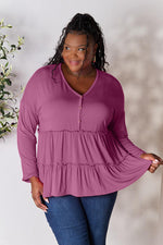 Double Take Half Button Long Sleeve Ruffle Hem Blouse - Ladyez