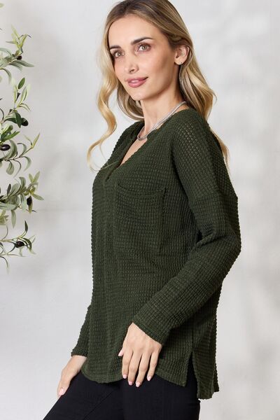 BiBi Notched Popcorn Waffle Long Sleeve Top - Ladyez