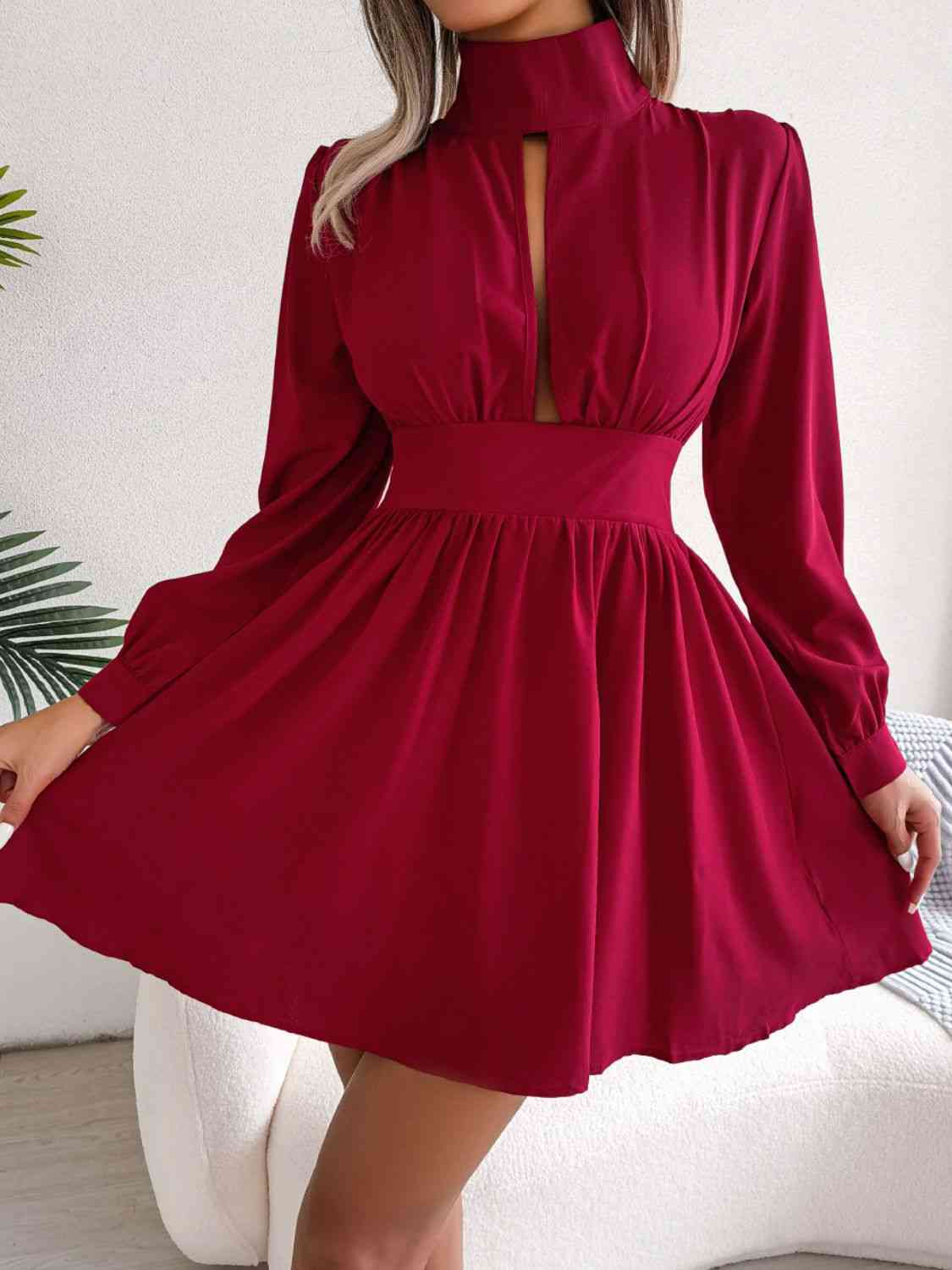 Cutout Turtleneck A-Line Mini Dress - Ladyez