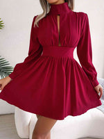 Cutout Turtleneck A-Line Mini Dress - Ladyez