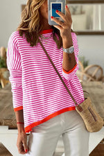 Striped Round Neck Drop Shoulder T-Shirt - Ladyez
