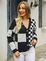 Plaid V-Neck Dropped Shoulder Cardigan - Ladyez