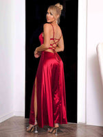 Spaghetti Strap Lace-Up Back Split Dress - Ladyez