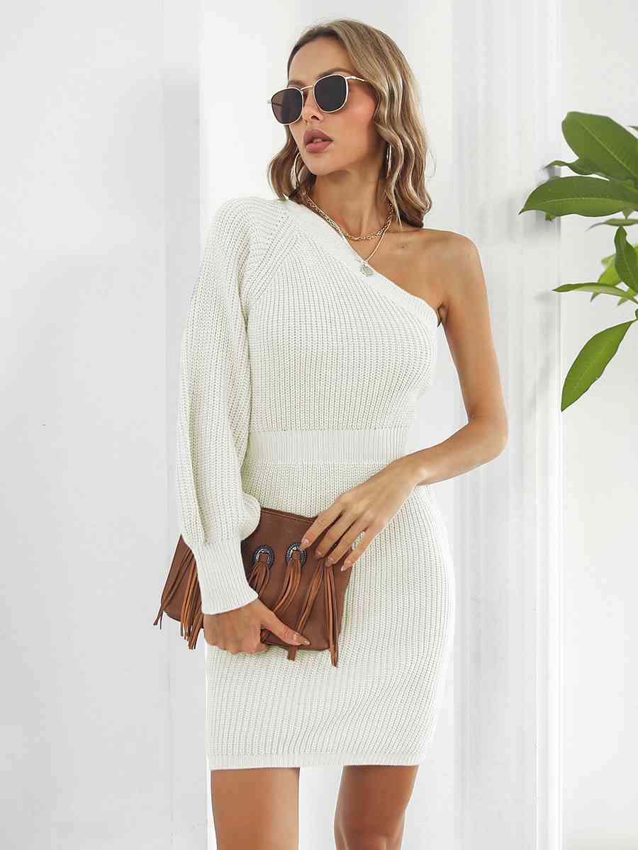 One-Shoulder Mini Sweater Dress - Ladyez