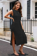 Round Neck Tie Belt Slit Sleeveless Sweater Dress - Ladyez