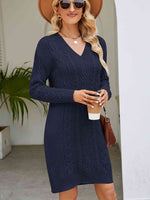 Cable-Knit V-Neck Mini Sweater Dress - Ladyez