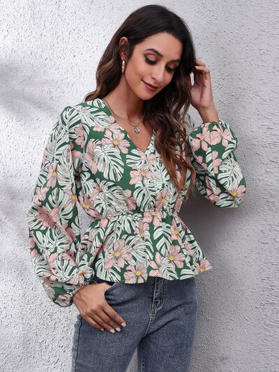 Floral V-Neck Balloon Sleeve Peplum Blouse - Ladyez