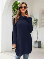 Turtleneck Waffle-Knit Slit Sweater Dress - Ladyez