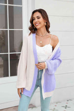 Open Front Contrast Color Balloon Sleeve Cardigan - Ladyez