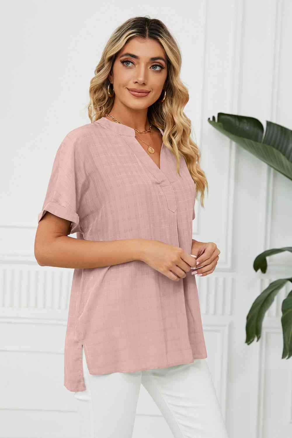 Side Slit Notched Neck Cuffed Short Sleeve Blouse - Ladyez