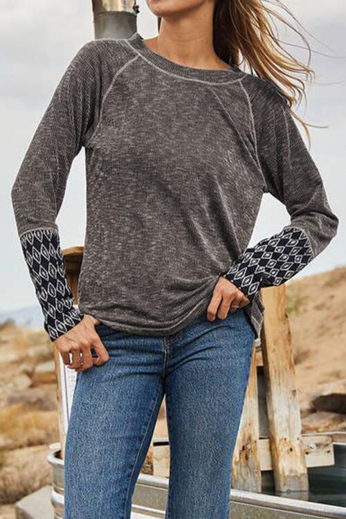 Geometric Round Neck Long Sleeve Top - Ladyez