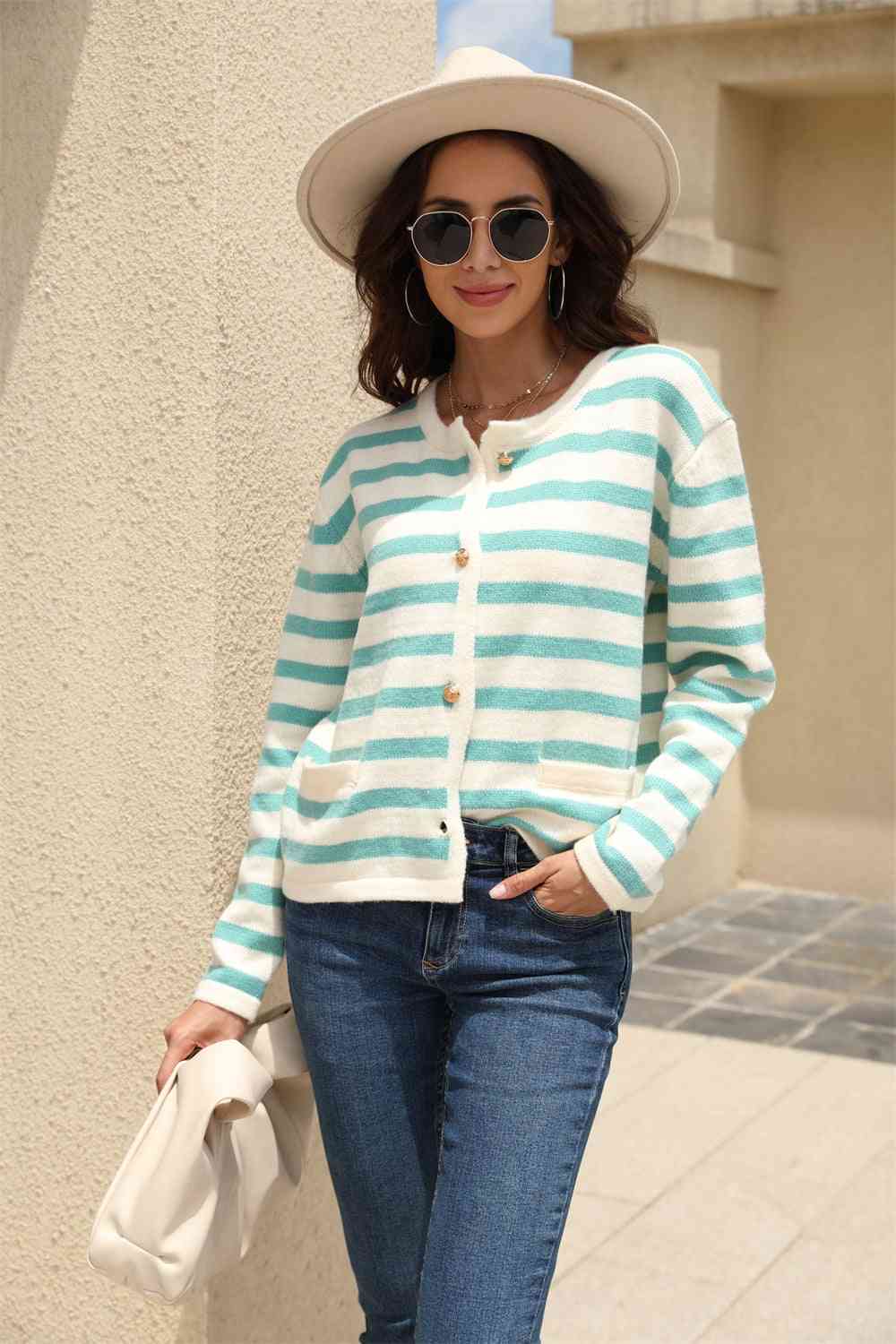 Striped Round Neck Button-Down Dropped Shoulder Cardigan - Ladyez