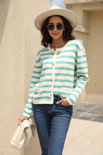 Striped Round Neck Button-Down Dropped Shoulder Cardigan - Ladyez
